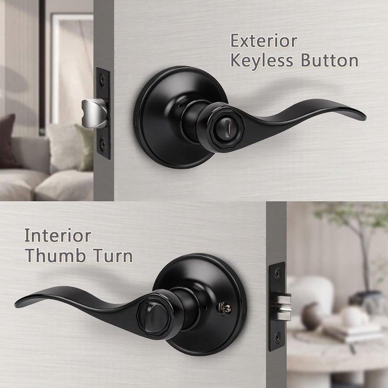 KNOBWELL 5 Pack Keyless Privacy Door Lever Door Handle Bedroomm/Bathroom Door Lock Lockset Matte Black Finish Door Lever, Interior Door Use - Image 2